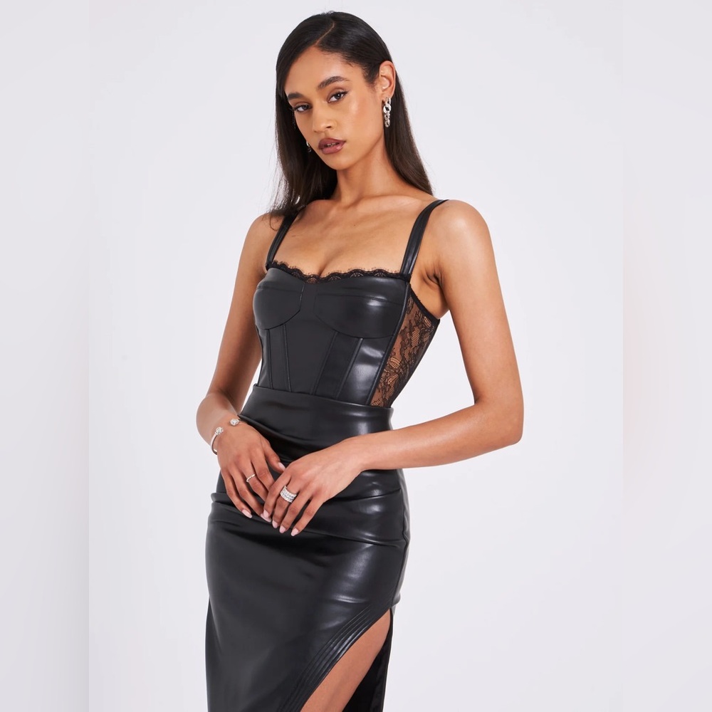 Sleek Faux Leather Corset Midi Dress in Black S